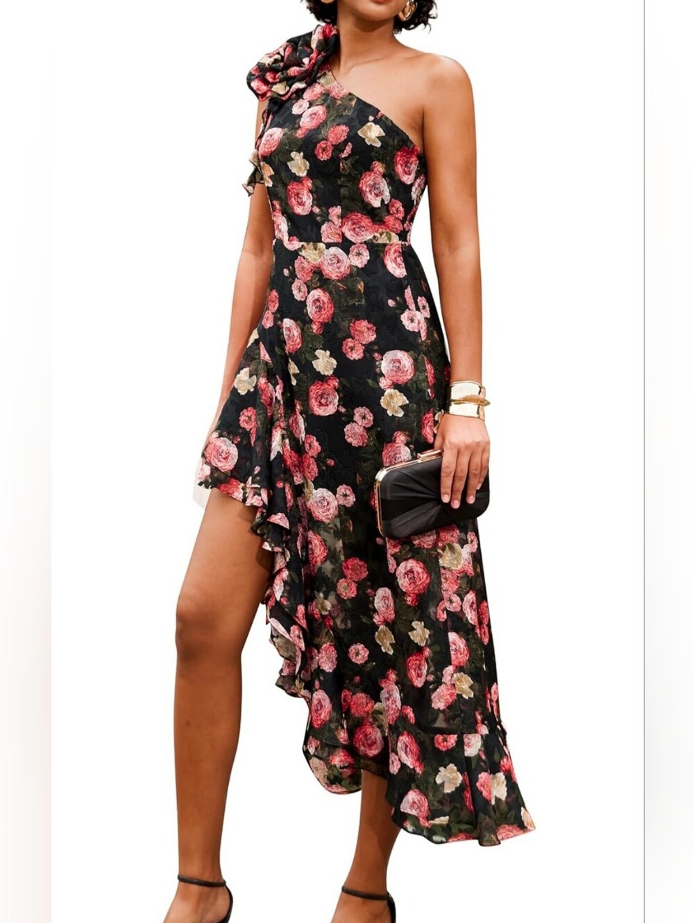 One-Shoulder Black Floral Asymmetric Dress